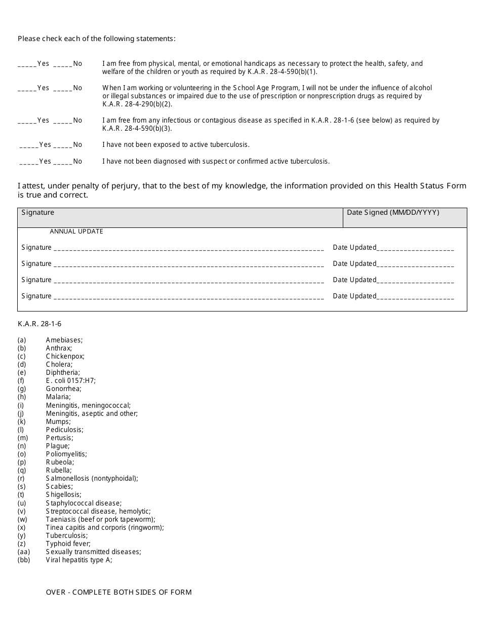 Form CCL.357 Health Status Form for Persons 14 Years of Age or Older Working or Volunteering in School Age Programs - Kansas, Page 2