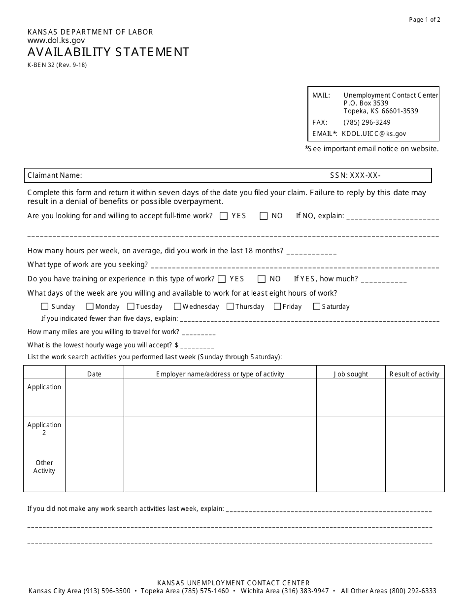 Form K-BEN32 - Fill Out, Sign Online and Download Fillable PDF, Kansas ...