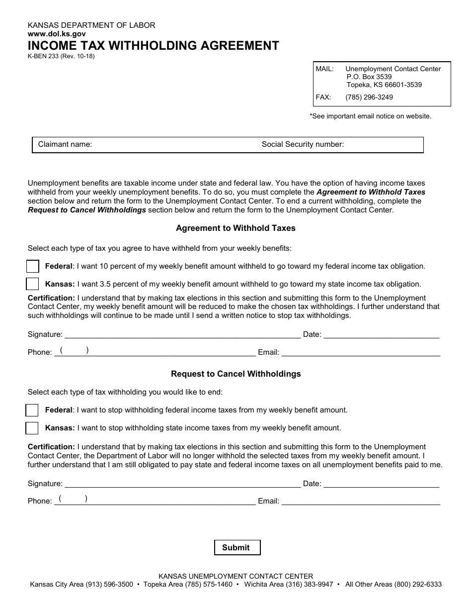 Form K-BEN233 Income Tax Withholding Agreement - Kansas, Page 1