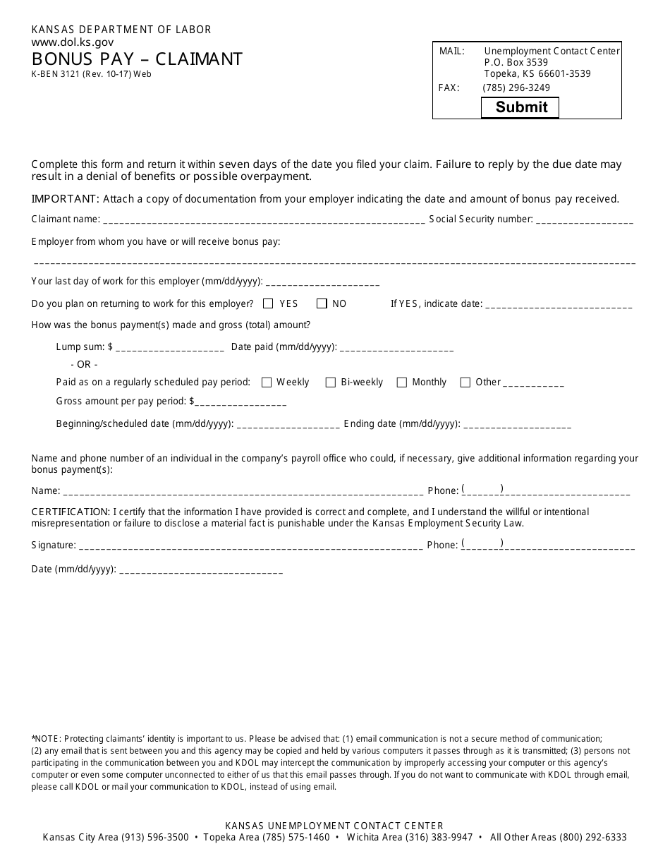 Form K-BEN3121 Bonus Pay - Claimant - Kansas, Page 1