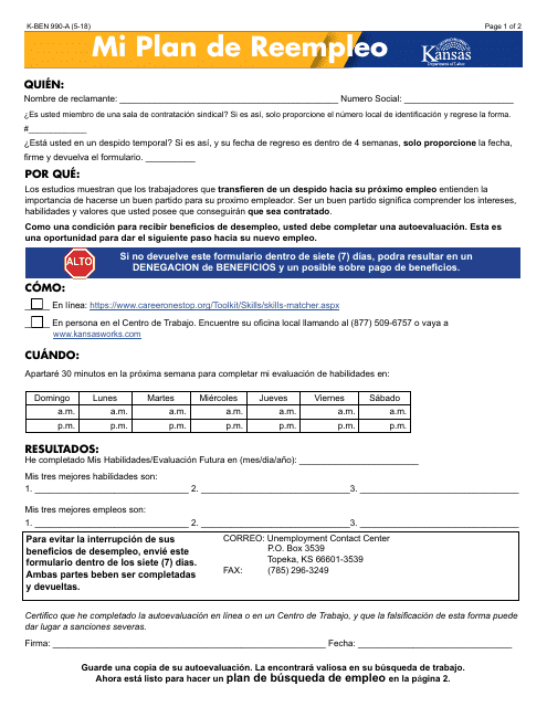 Formulario K-BEN990-A Mi Plan De Reempleo - Kansas (Spanish)