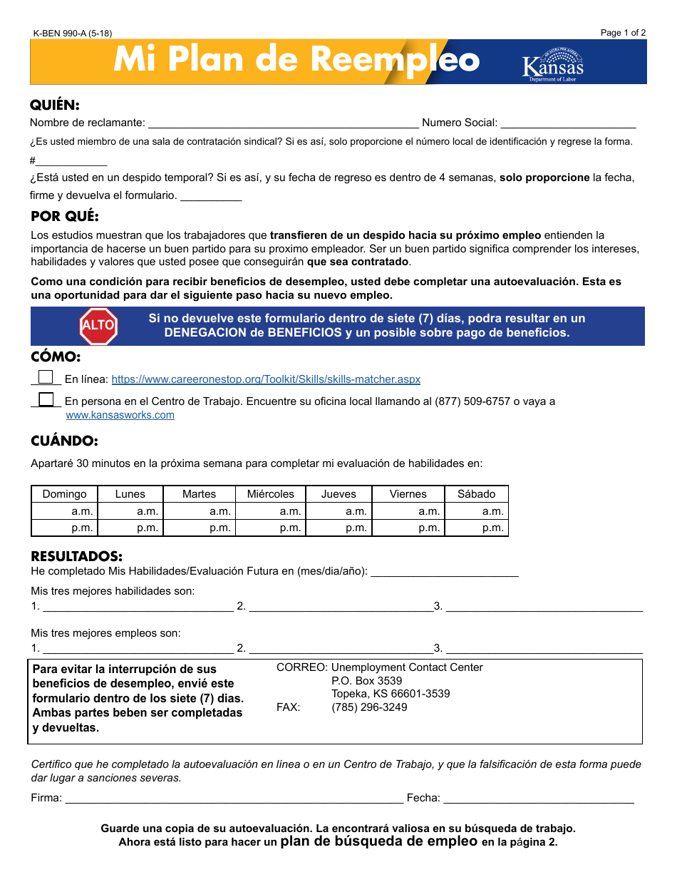 Formulario K-BEN990-A Mi Plan De Reempleo - Kansas (Spanish), Page 1