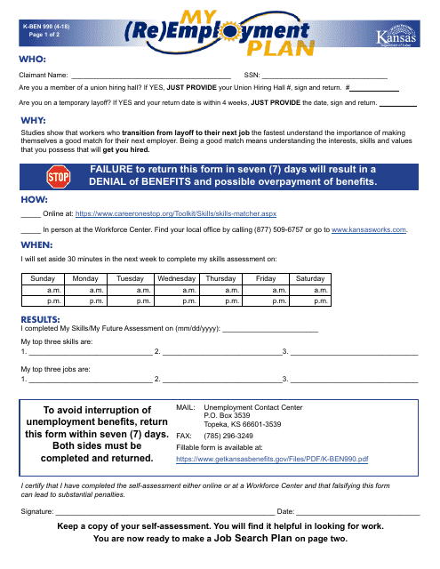Form K-BEN990 My (Re)employment Plan - Kansas