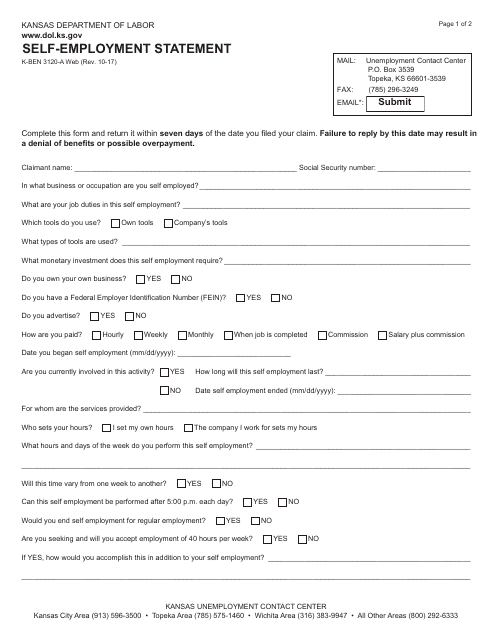Form K-BEN3120-A Self-employment Statement - Kansas