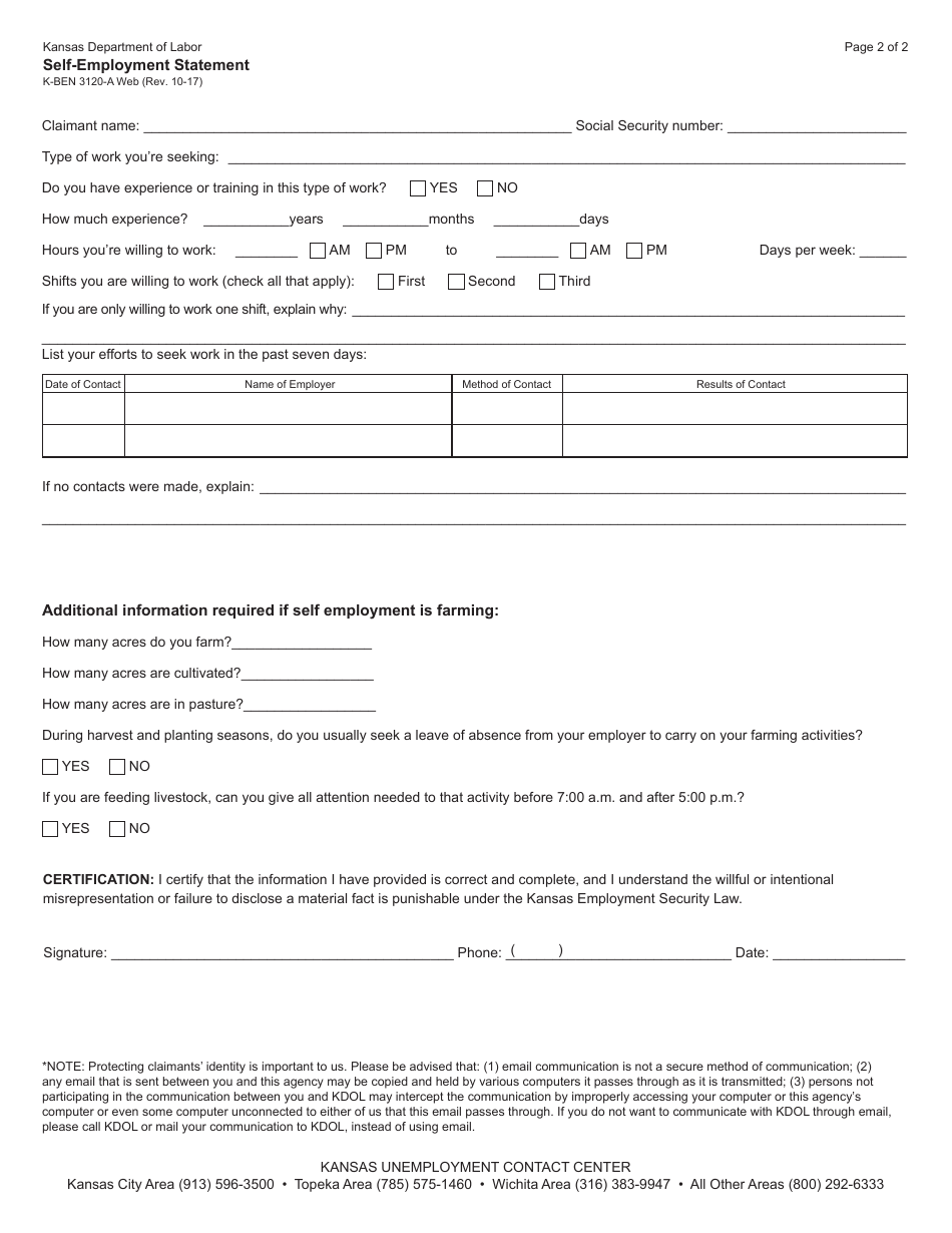 Form K-BEN3120-A Self-employment Statement - Kansas, Page 2