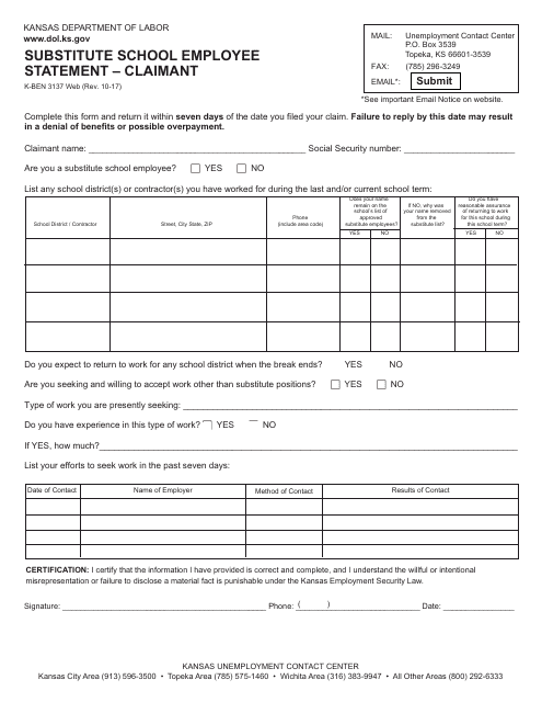 Form K-BEN3137 Substitute School Employee Statement - Claimant - Kansas