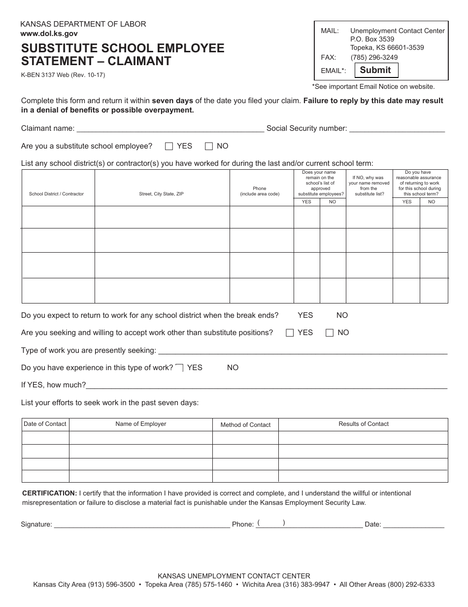 Form K-BEN3137 Substitute School Employee Statement - Claimant - Kansas, Page 1