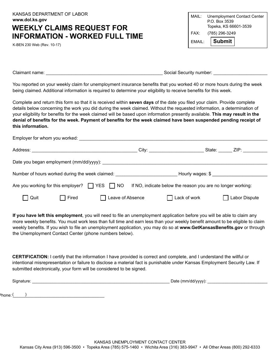 Form K-BEN230 Weekly Claims Request for Information - Worked Full Time - Kansas, Page 1