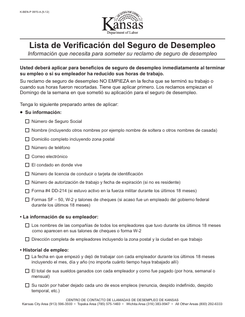Formulario K-BEN-P0970-A Lista De Verificacion Del Seguro De Desempleo - Kansas (Spanish)