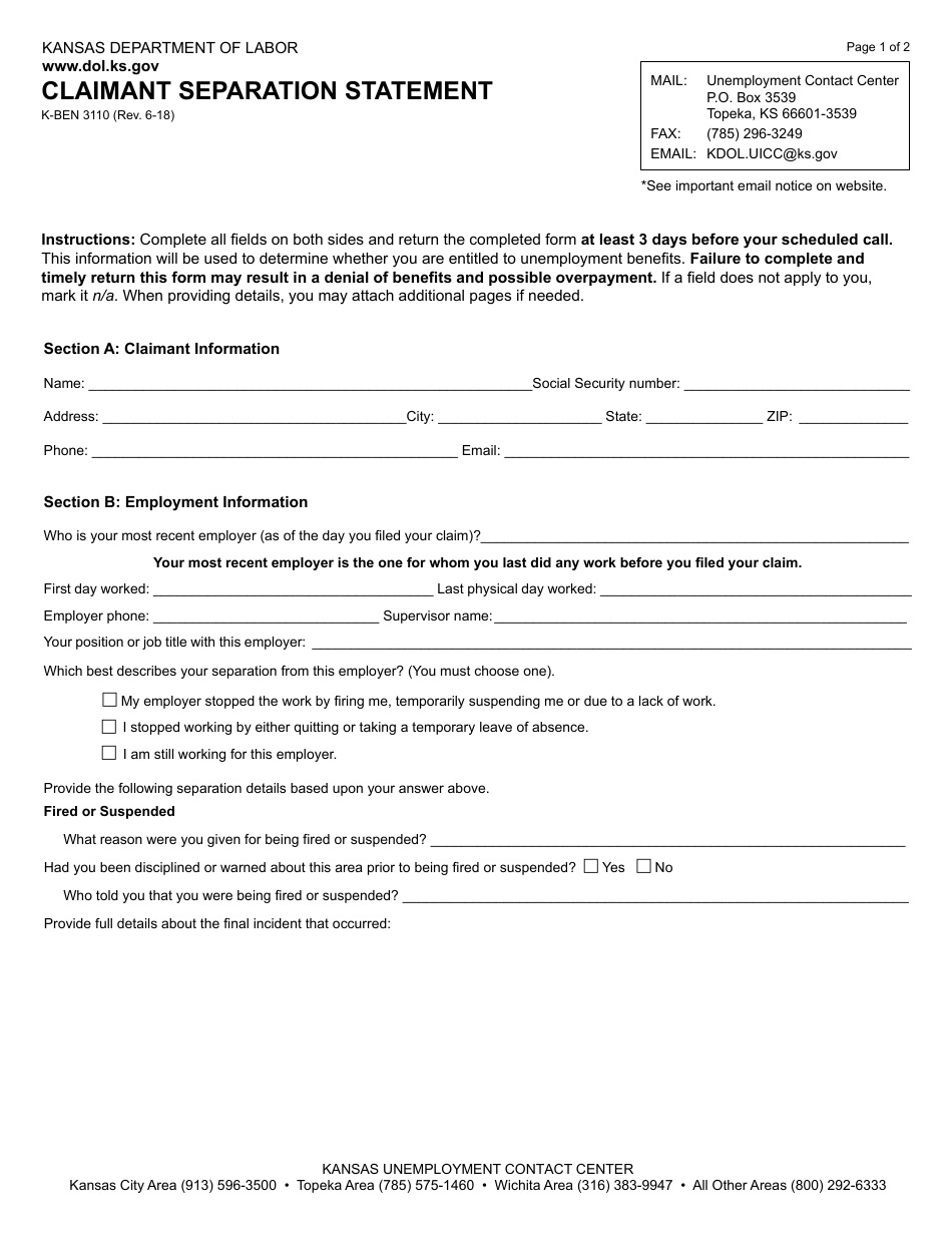 Form K-BEN3110 Claimant Separation Statement - Kansas, Page 1