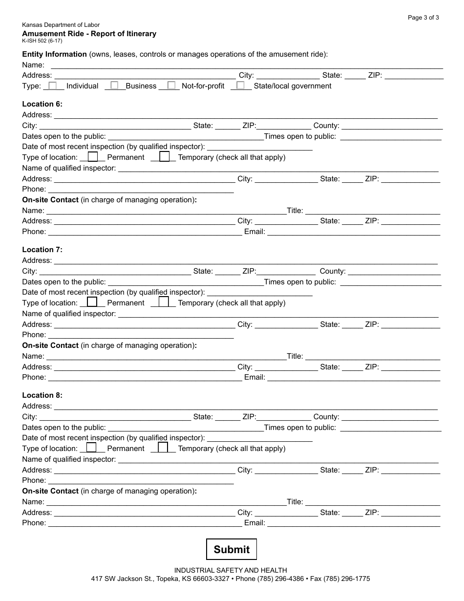 Form K-ISH502 Amusement Ride - Report of Itinerary - Kansas, Page 3