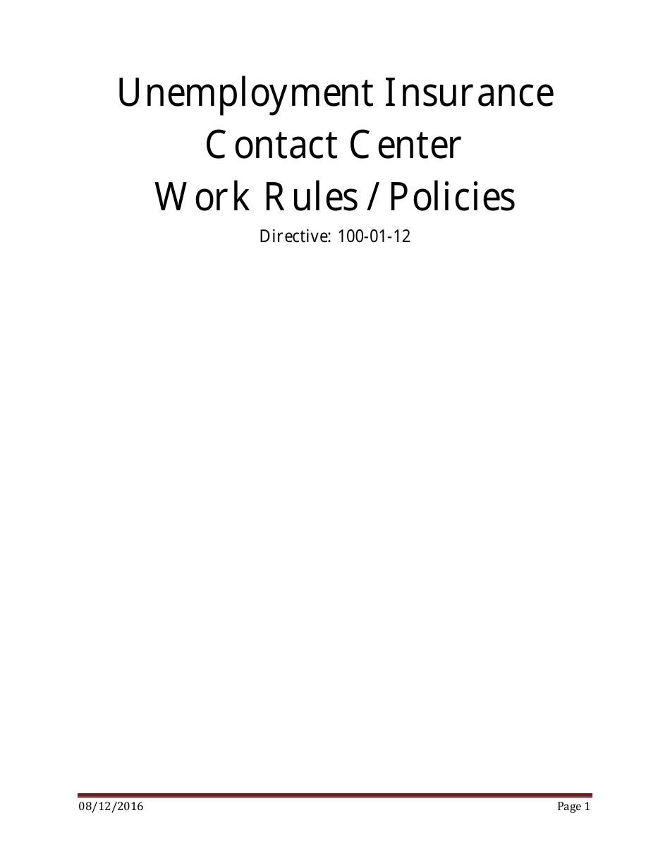 Unemployment Insurance Contact Center Work Rules / Policies - Kansas, Page 1