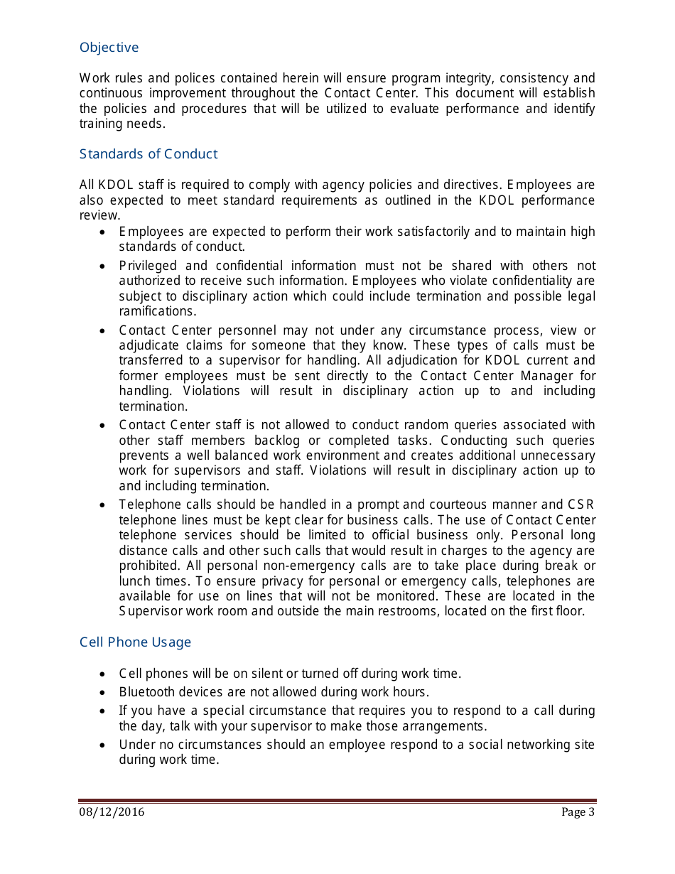 Unemployment Insurance Contact Center Work Rules / Policies - Kansas, Page 3