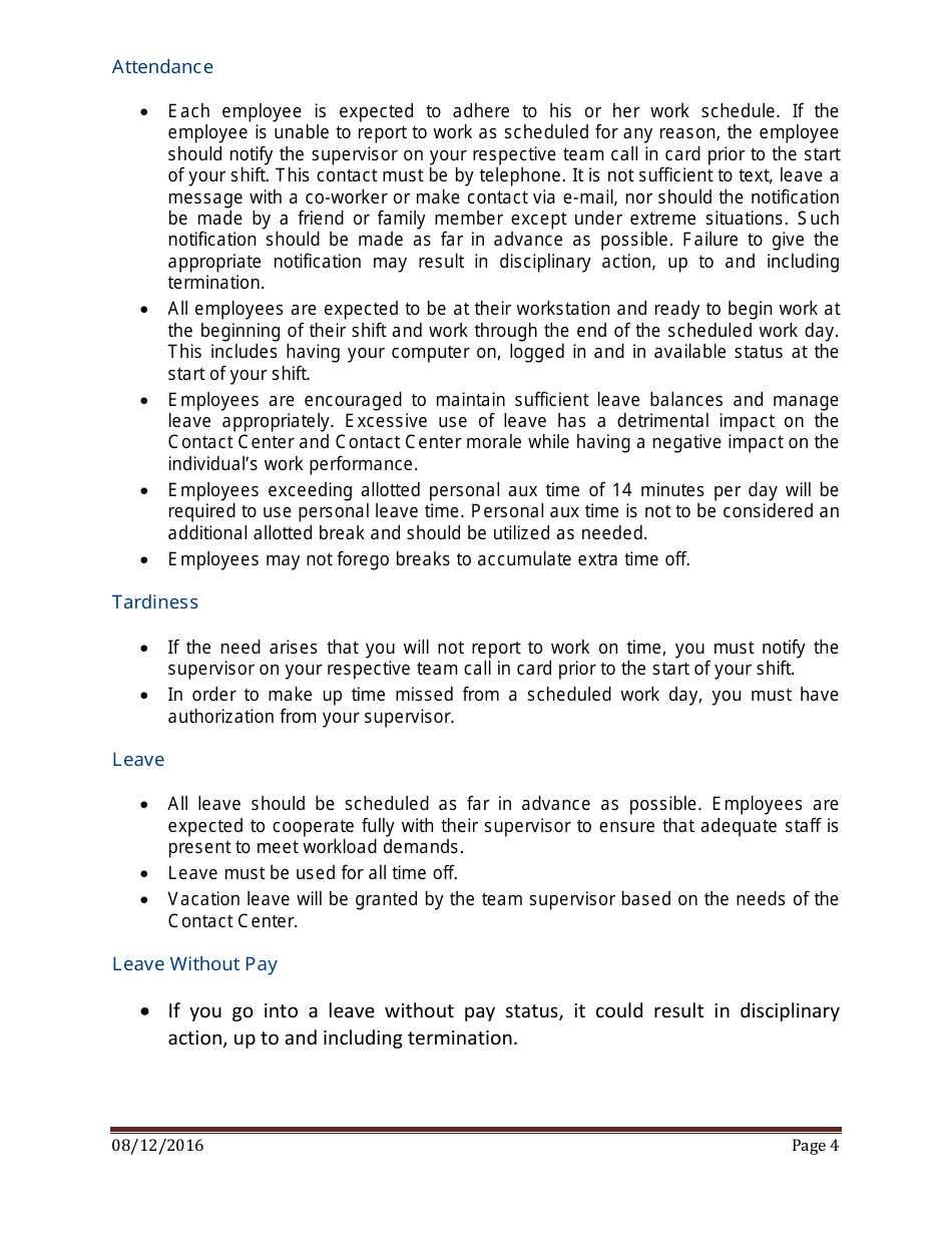 Unemployment Insurance Contact Center Work Rules / Policies - Kansas, Page 4