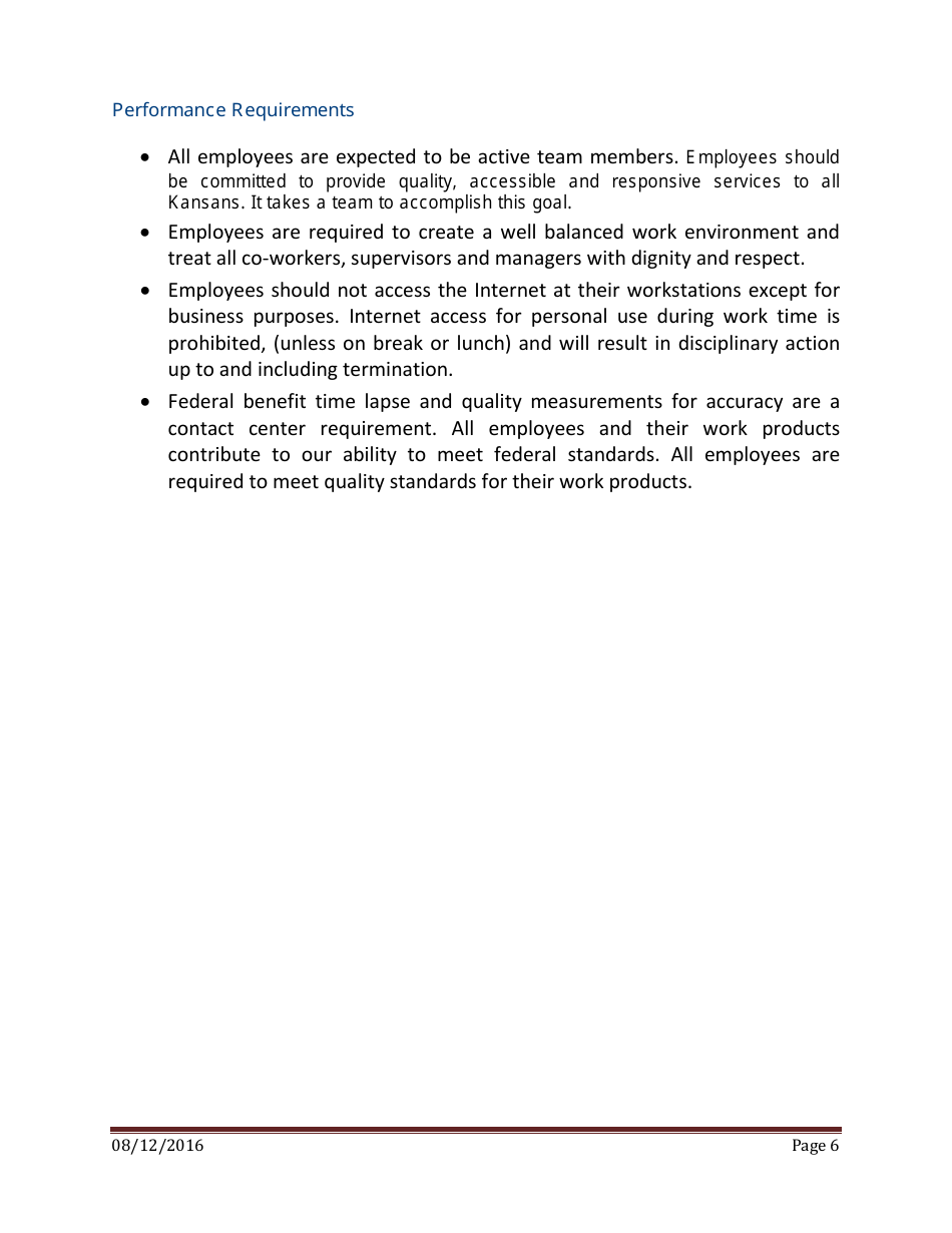 Unemployment Insurance Contact Center Work Rules / Policies - Kansas, Page 6