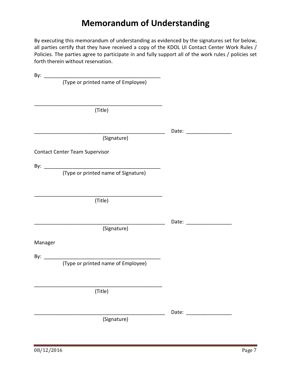 Unemployment Insurance Contact Center Work Rules / Policies - Kansas, Page 7