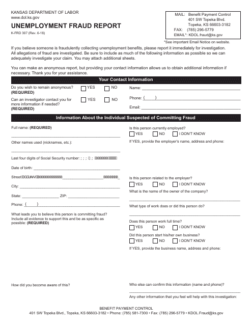 Form K-FRD307 Unemployment Fraud Report - Kansas