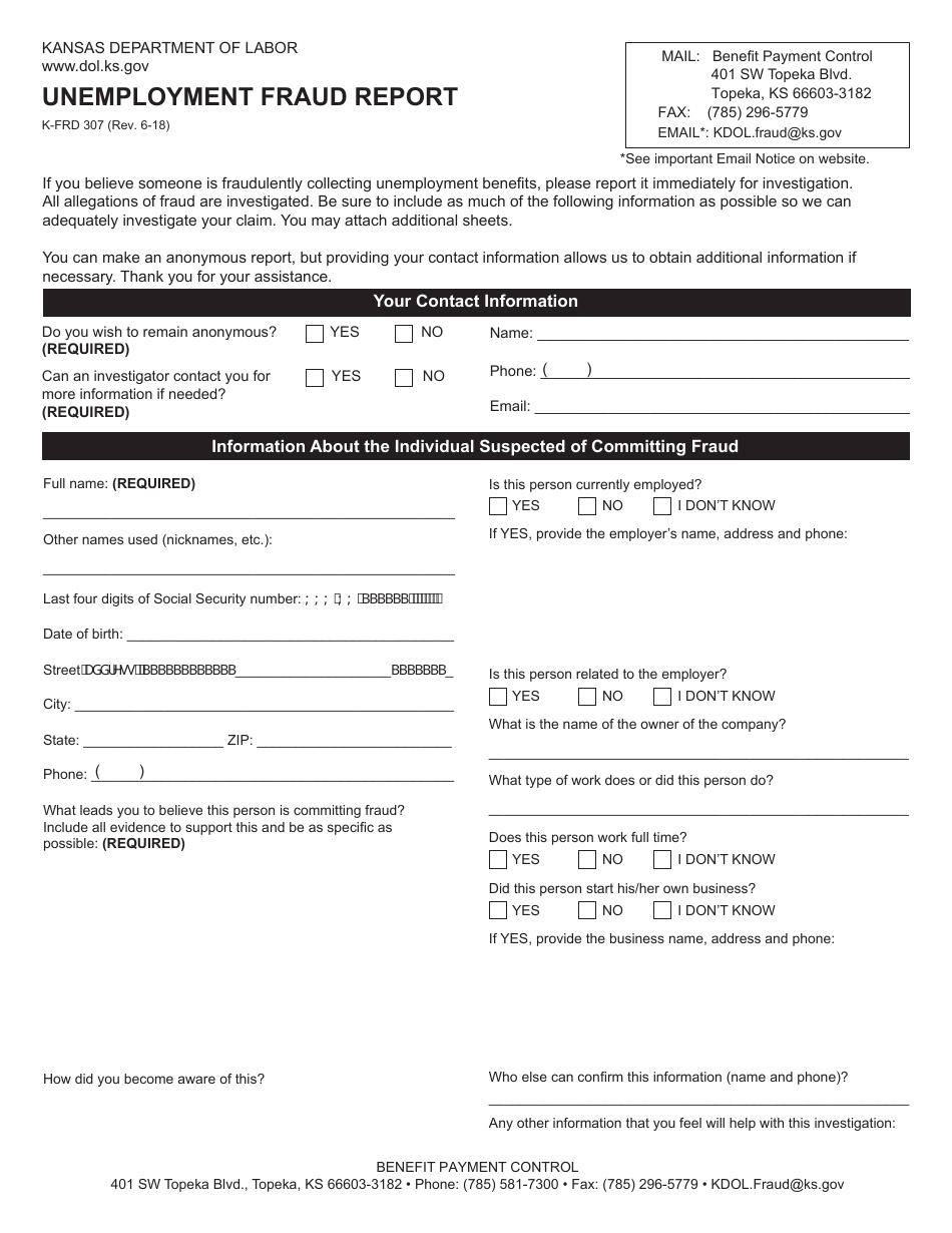 Form K-FRD307 Unemployment Fraud Report - Kansas, Page 1