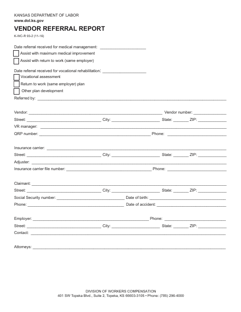 Form K-WC-R93-2 Vendor Referral Report - Kansas