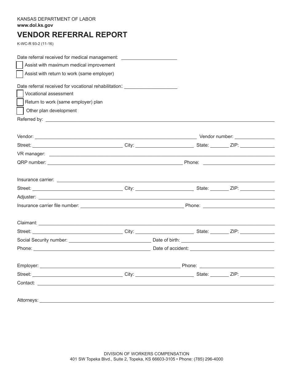 Form K-WC-R93-2 Vendor Referral Report - Kansas, Page 1