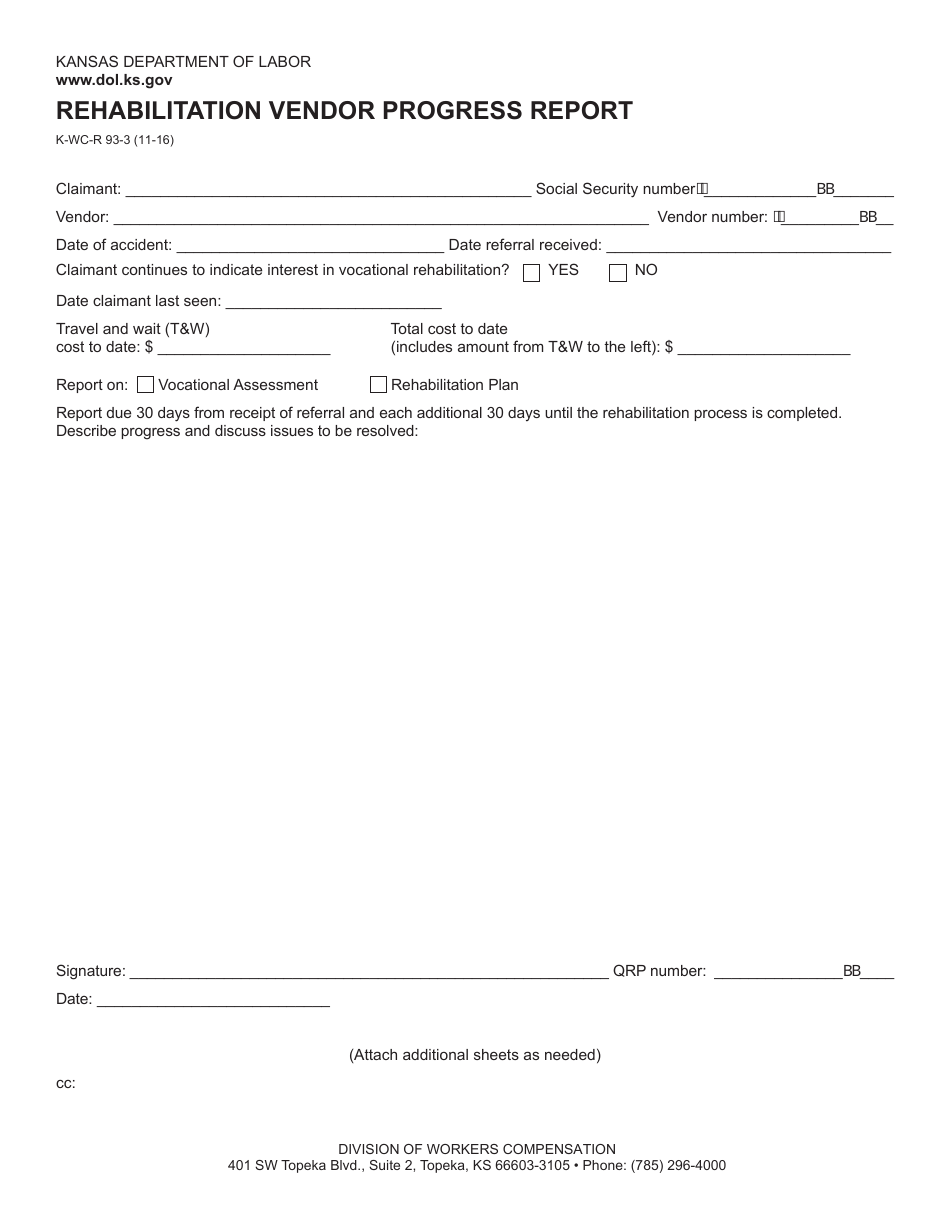 Form K-WC-R93-3 Rehabilitation Vendor Progress Report - Kansas, Page 1