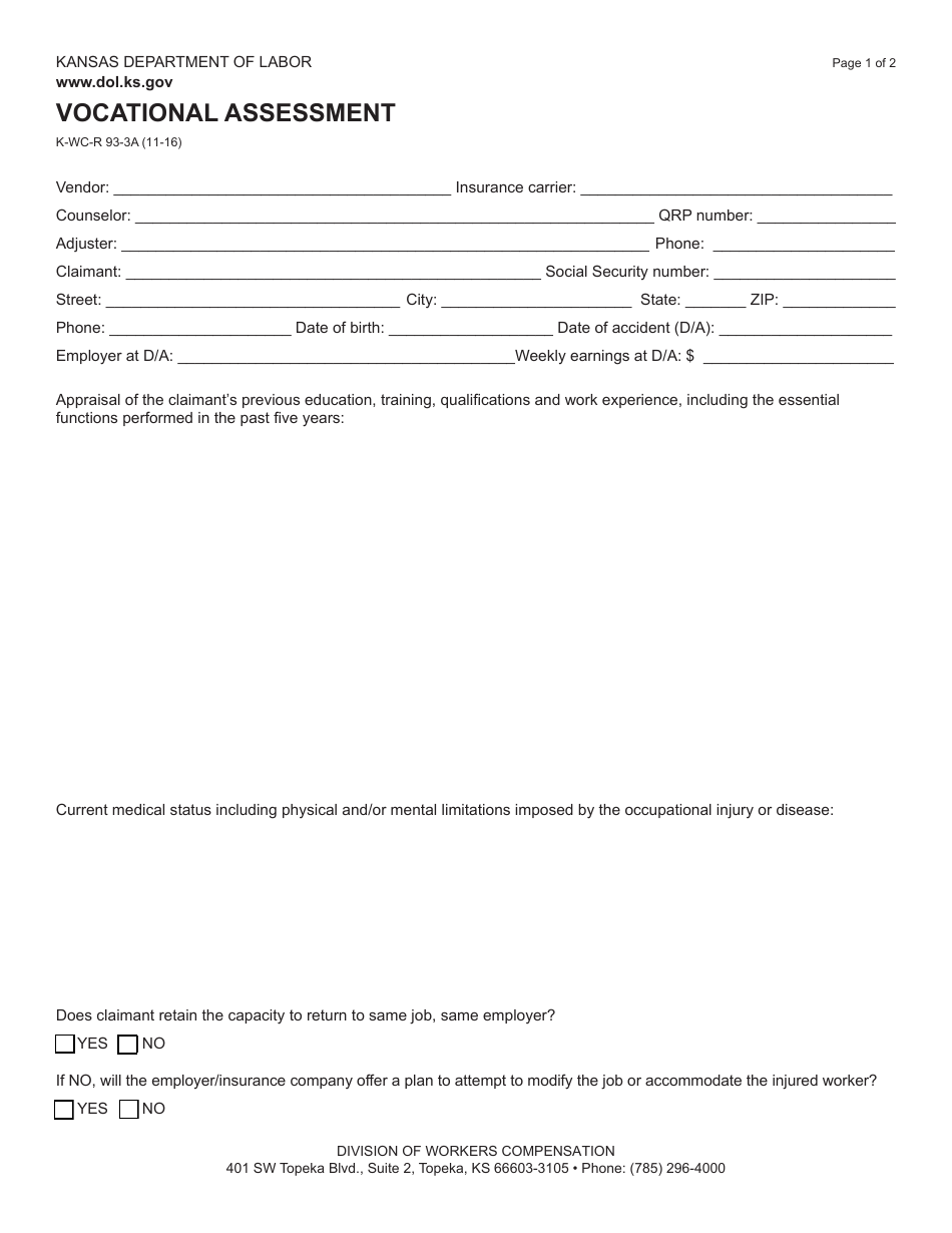 Form K-WC-R93-3A Vocational Assessment - Kansas, Page 1