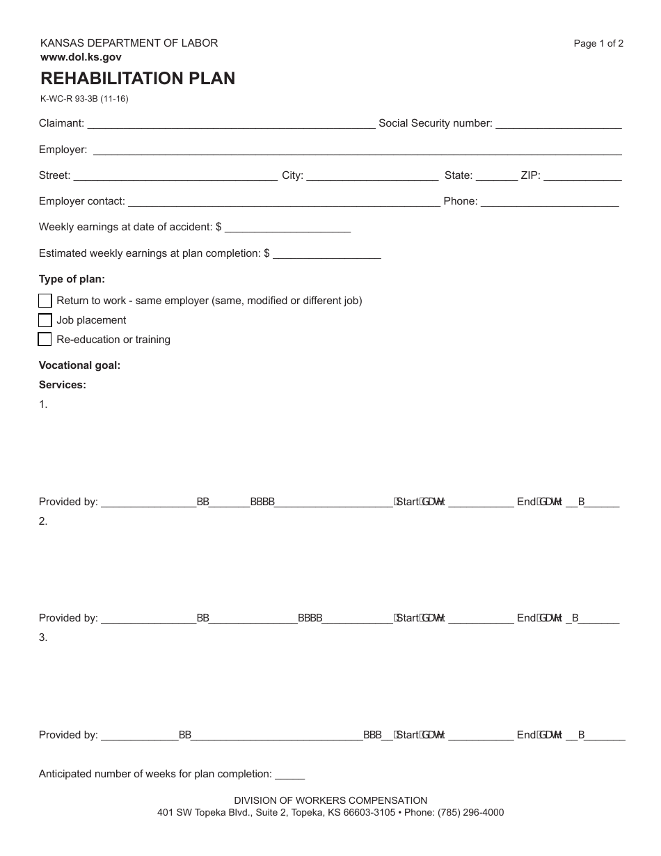Form K-WC-R93-3B Rehabilitation Plan - Kansas, Page 1
