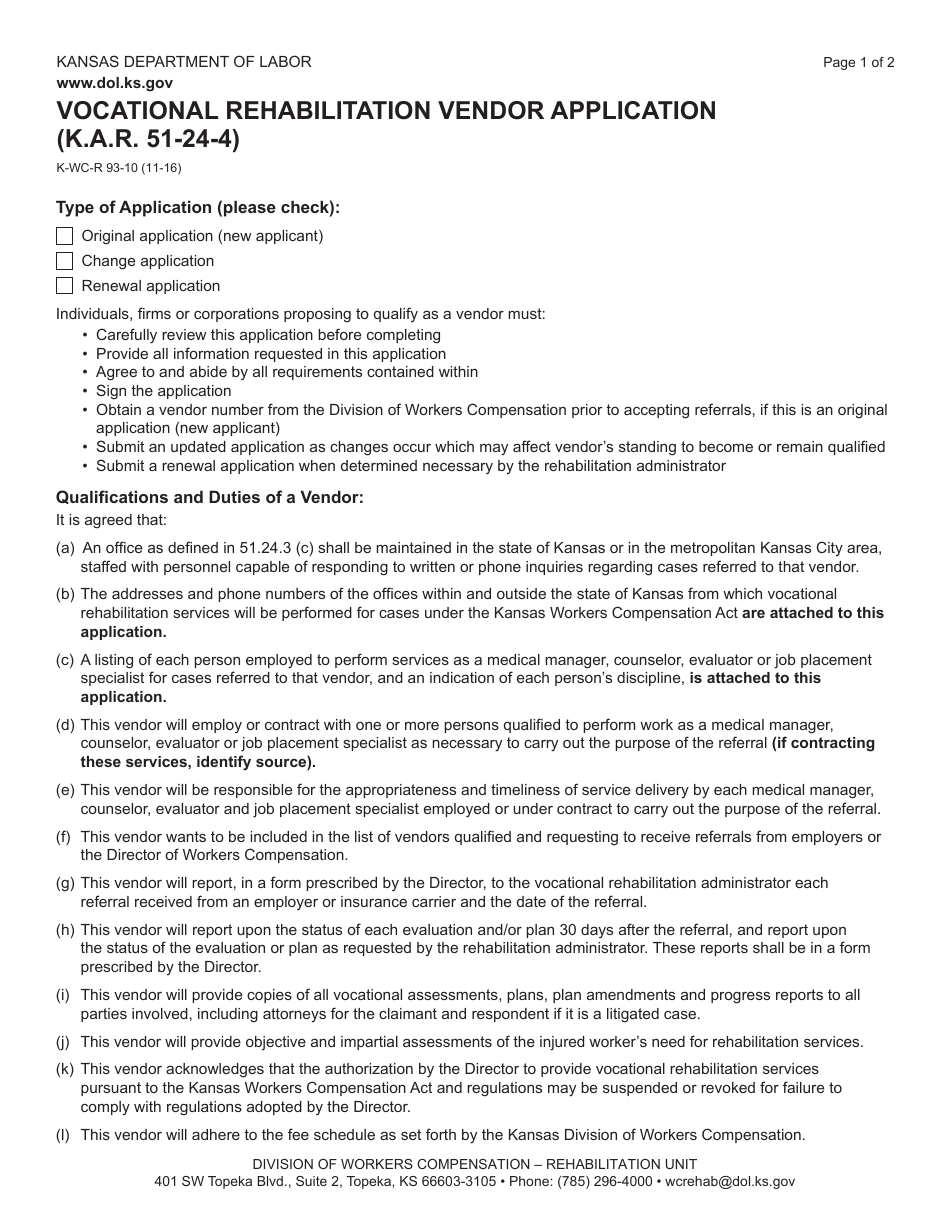 Form K-WC-R93-10 Vocational Rehabilitation Vendor Application - Kansas, Page 1