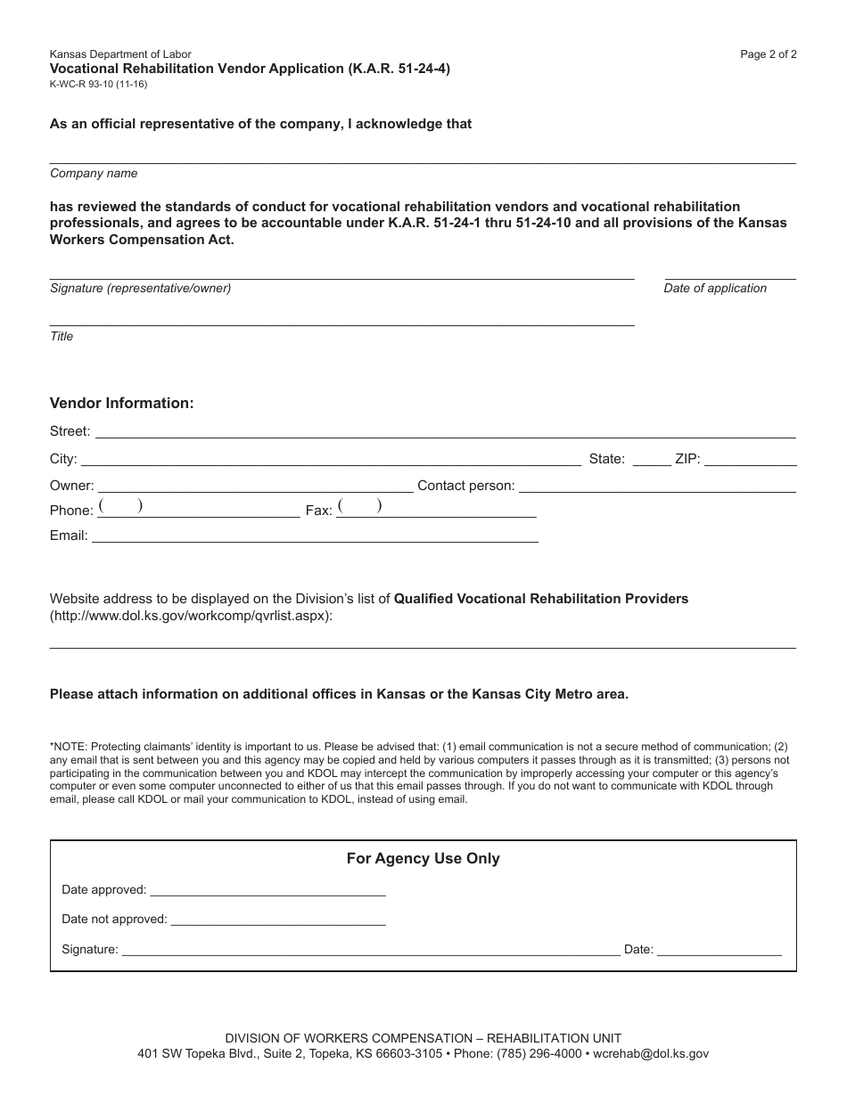 Form K-WC-R93-10 Vocational Rehabilitation Vendor Application - Kansas, Page 2