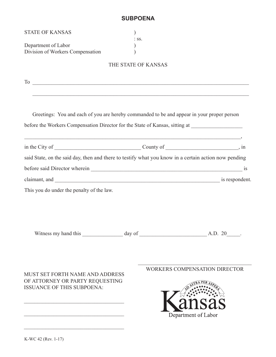 K-WC Form 42 Subpoena - Kansas, Page 1