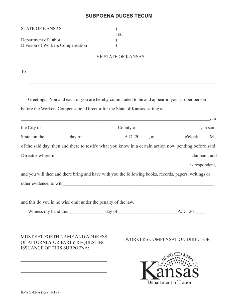K-WC Form 42-A Subpoena Duces Tecum - Kansas, Page 1