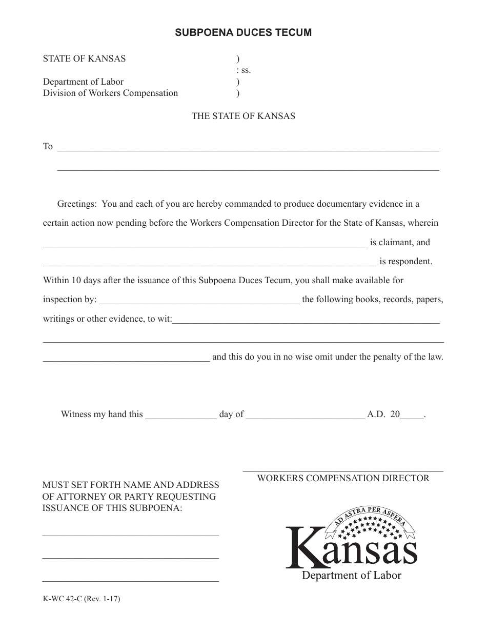 K-WC Form 42-C Subpoena Duces Tecum - Kansas, Page 1