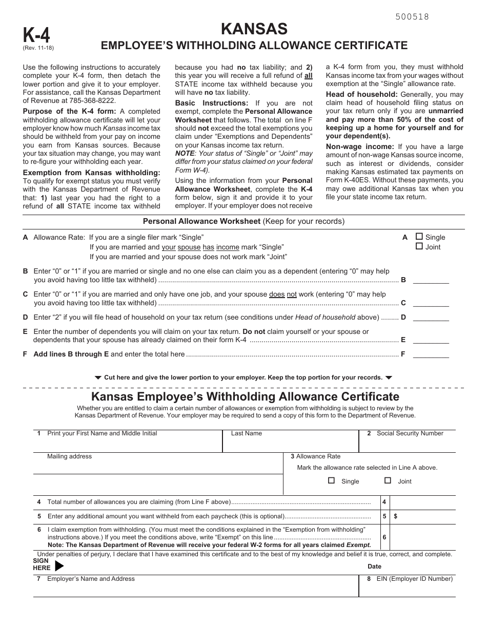 Form K-4 Employees Withholding Allowance Certificate - Kansas, Page 1