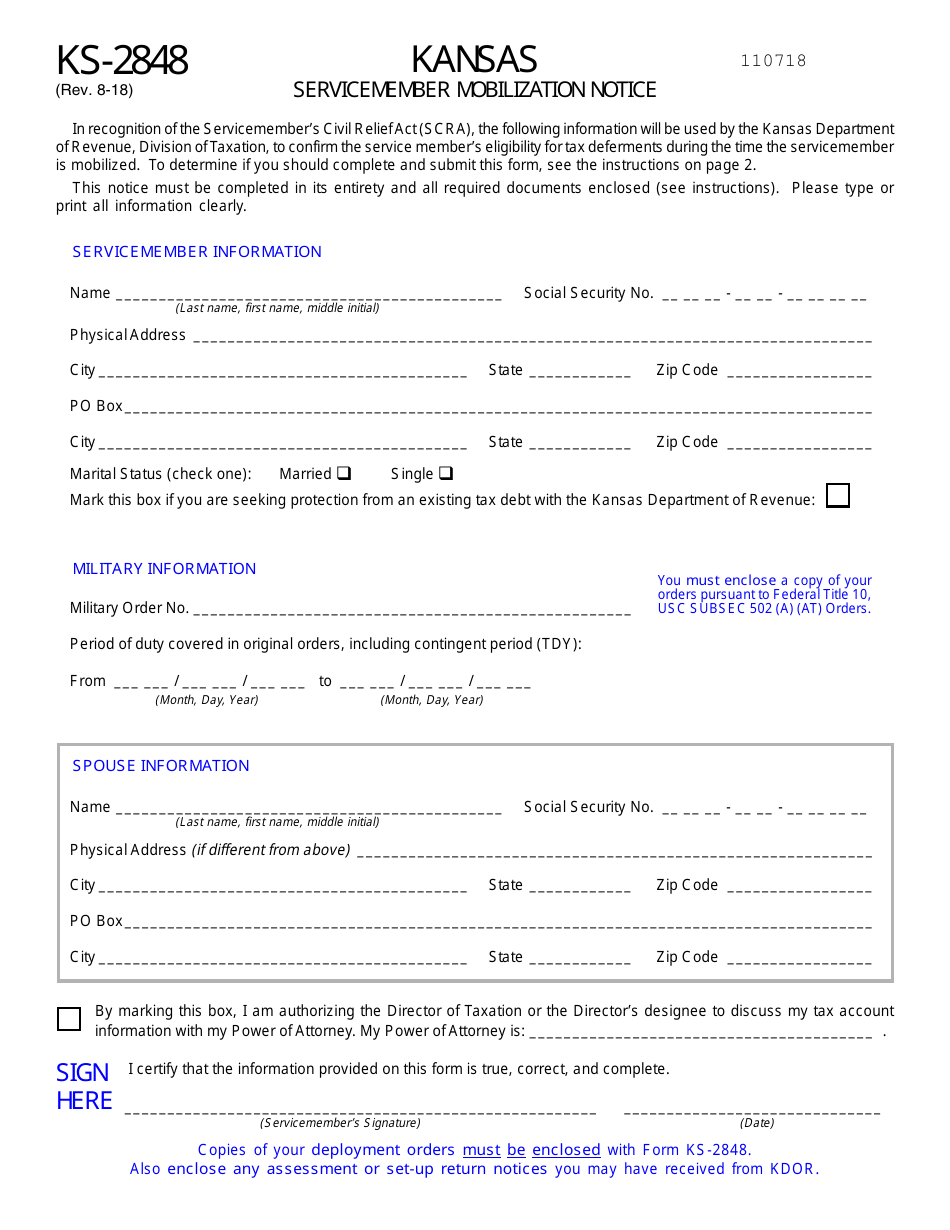 Form KS-2848 Kansas Servicemember Mobilization Notice - Kansas, Page 1