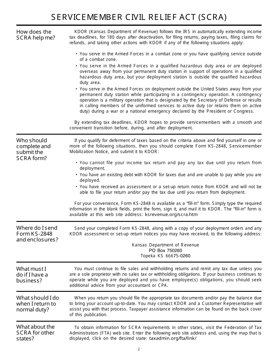 Form KS-2848 Kansas Servicemember Mobilization Notice - Kansas, Page 2