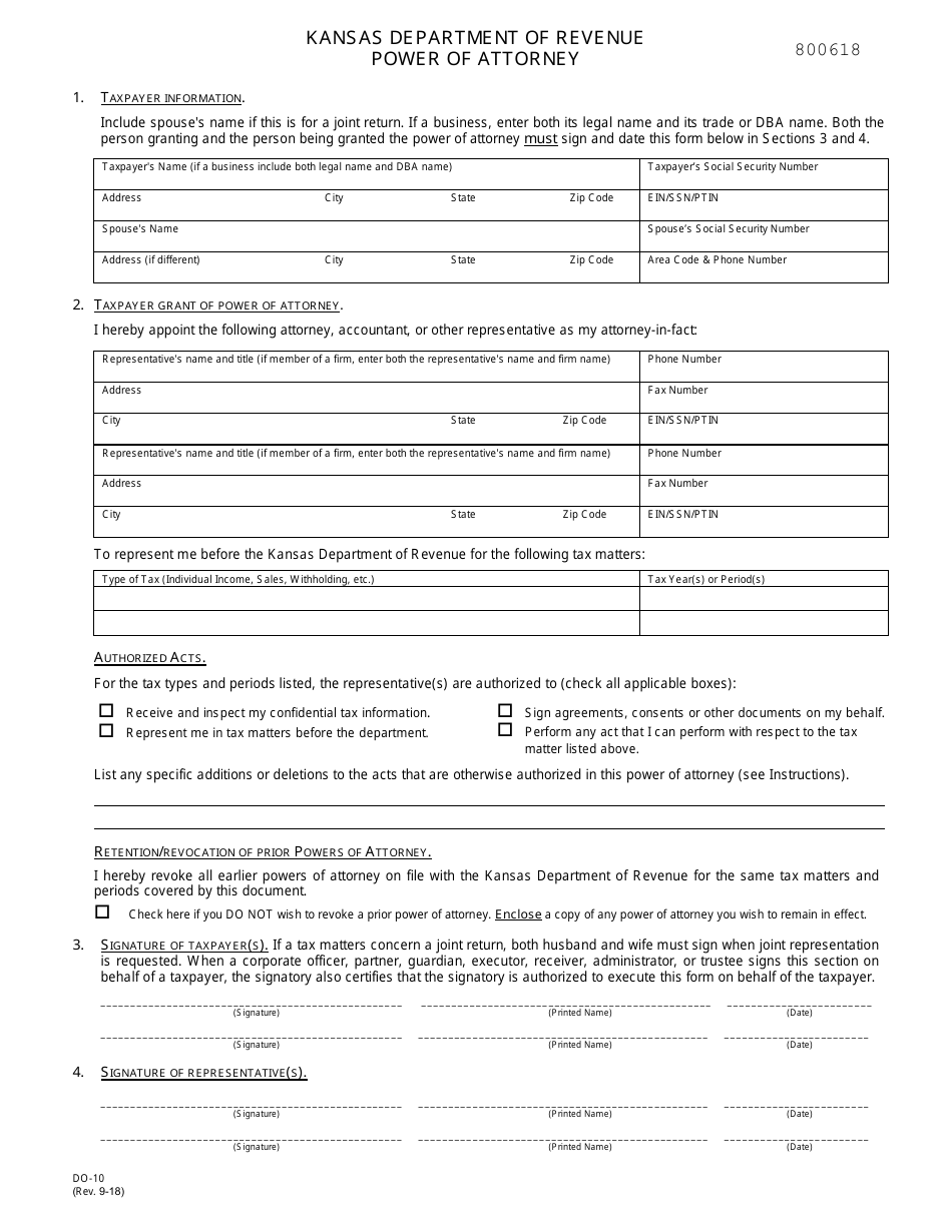 Form DO-10 Power of Attorney - Kansas, Page 1