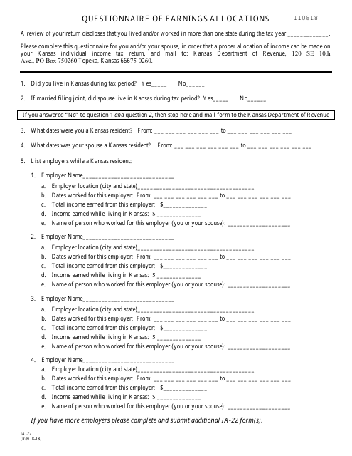 Form IA-22 Questionnaire of Earnings Allocations - Kansas
