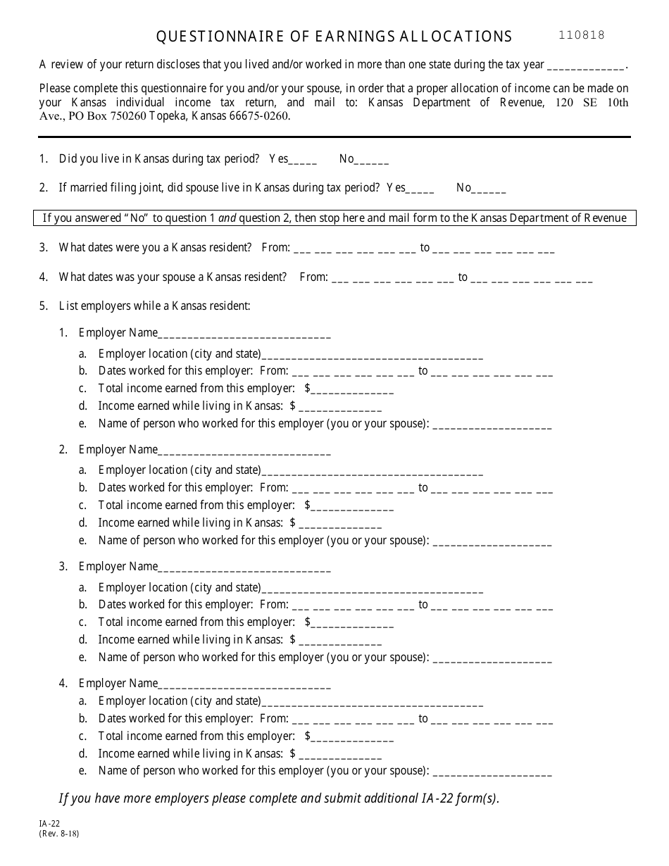 Form IA-22 Questionnaire of Earnings Allocations - Kansas, Page 1