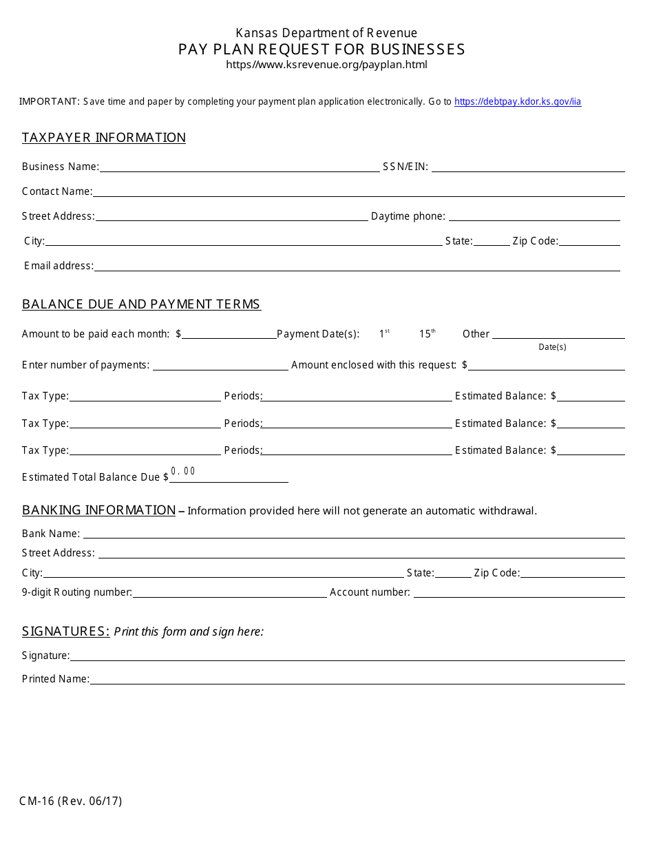 Form CM-16 Pay Plan Request for Businesses - Kansas, Page 1