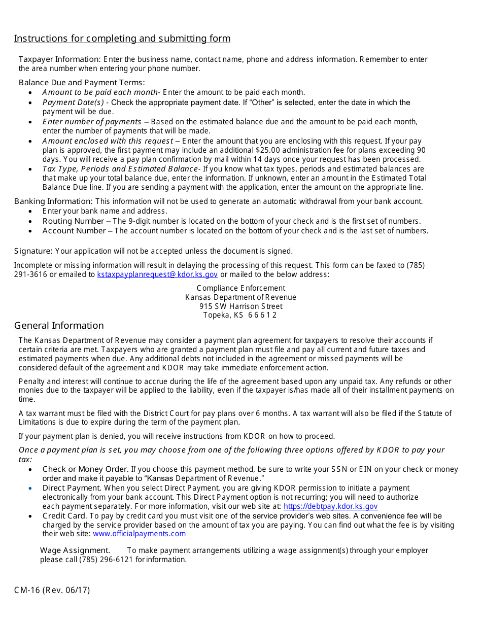 Form CM-16 Pay Plan Request for Businesses - Kansas, Page 2