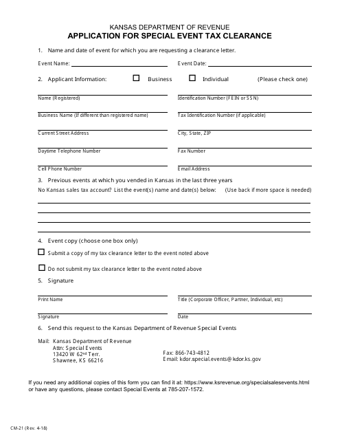 Form CM-21 Application for Special Event Tax Clearance - Kansas