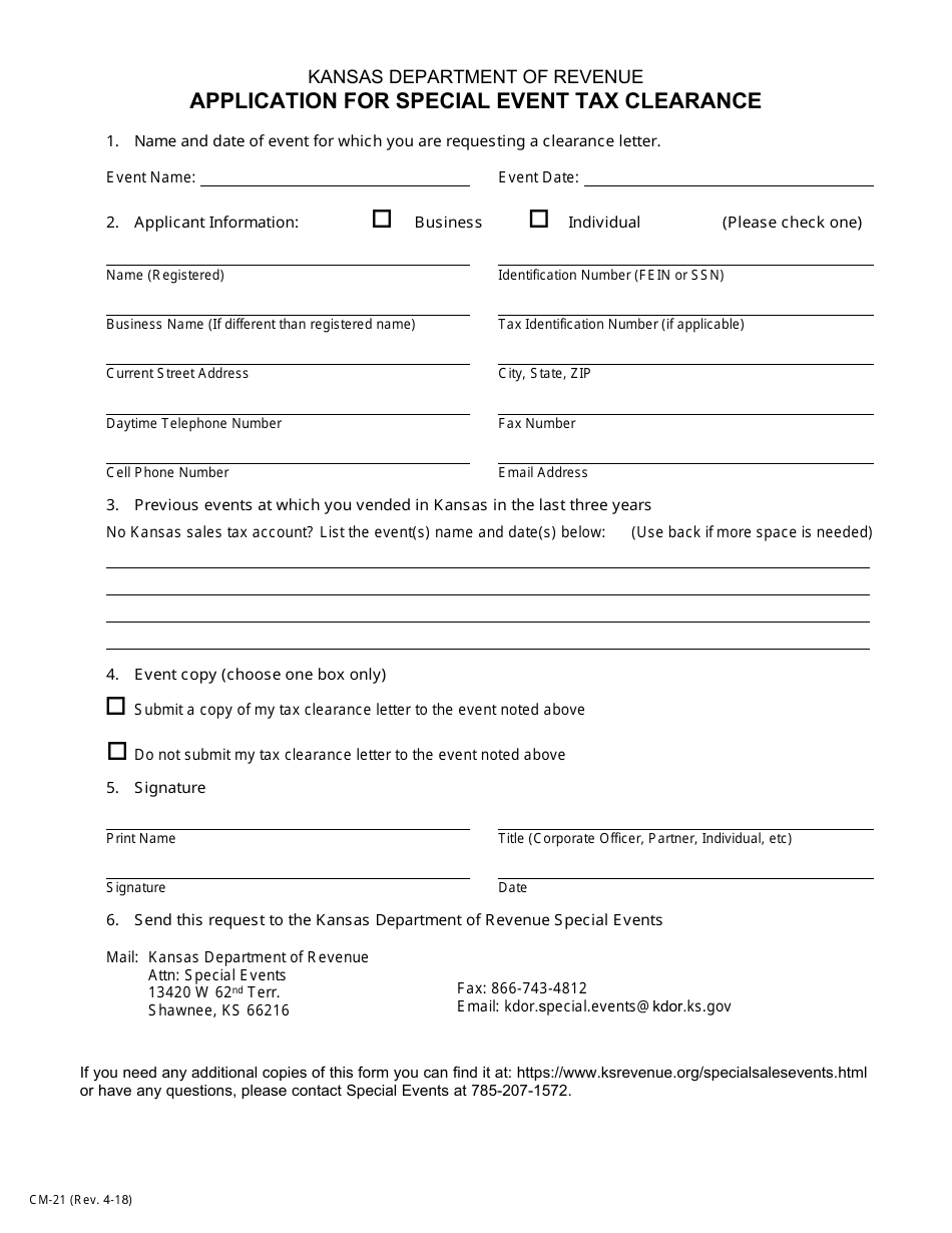 Form CM-21 Application for Special Event Tax Clearance - Kansas, Page 1