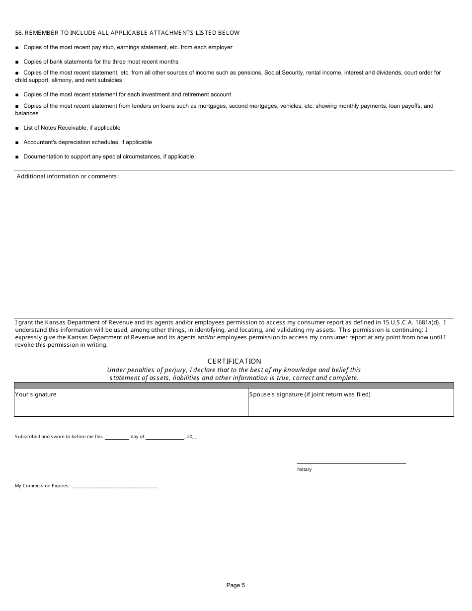 Form CE-3 Financial Information Statement - Individuals - Kansas, Page 5