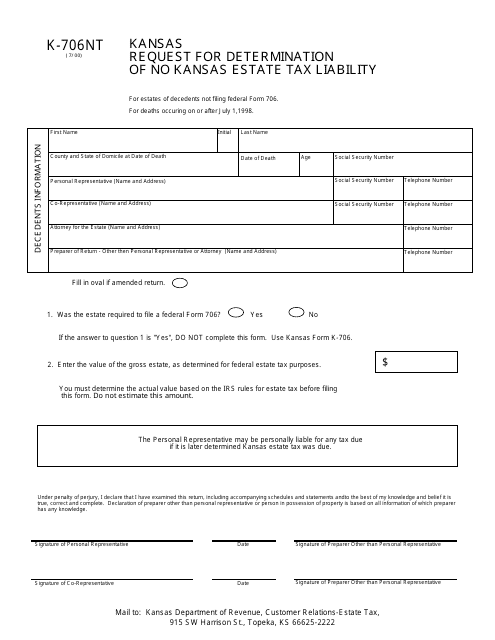 Form K-706NT Request for Determination of No Kansas Estate Tax Liability - Kansas