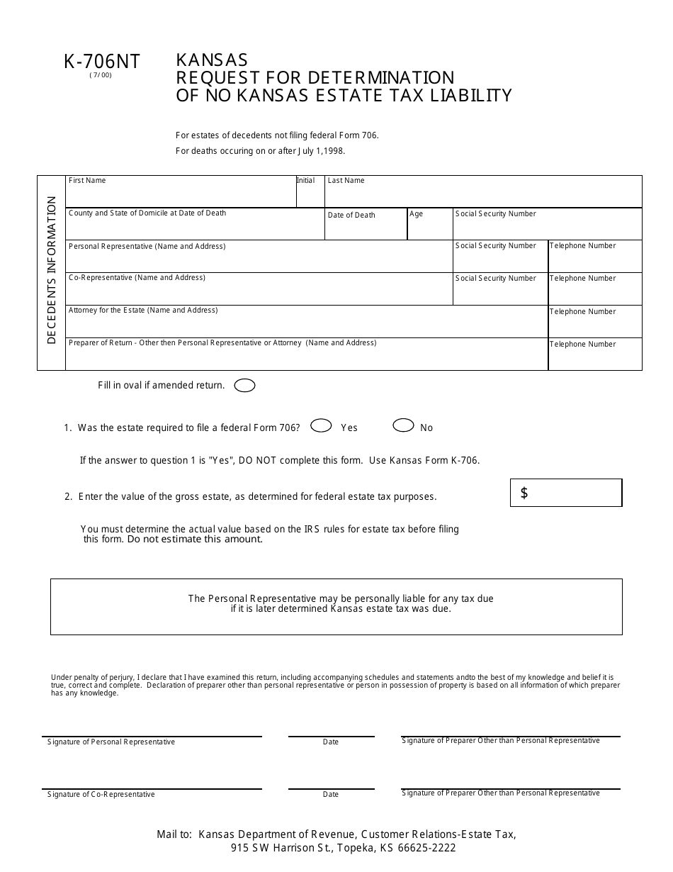 Form K-706NT Request for Determination of No Kansas Estate Tax Liability - Kansas, Page 1
