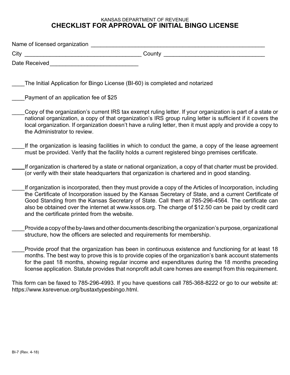 Form BI-7 Checklist for Approval of Initial Bingo License - Kansas, Page 1