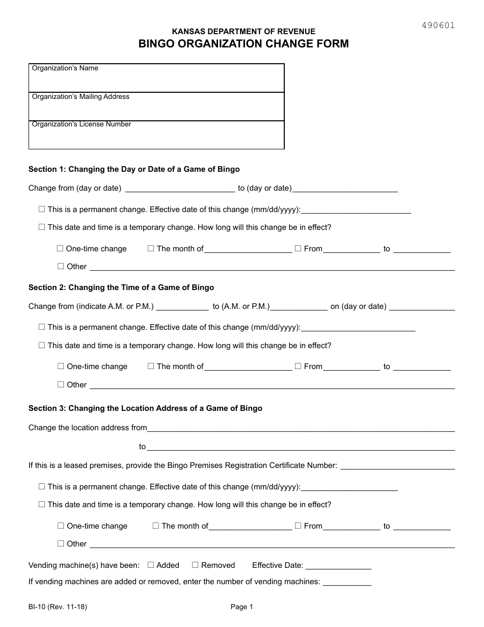 Form BI-10 Bingo Organization Change Form - Kansas, Page 1