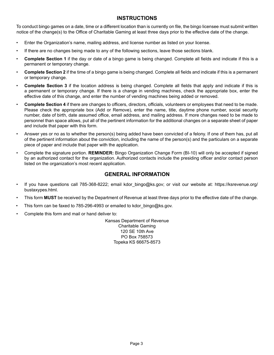 Form BI-10 Bingo Organization Change Form - Kansas, Page 3