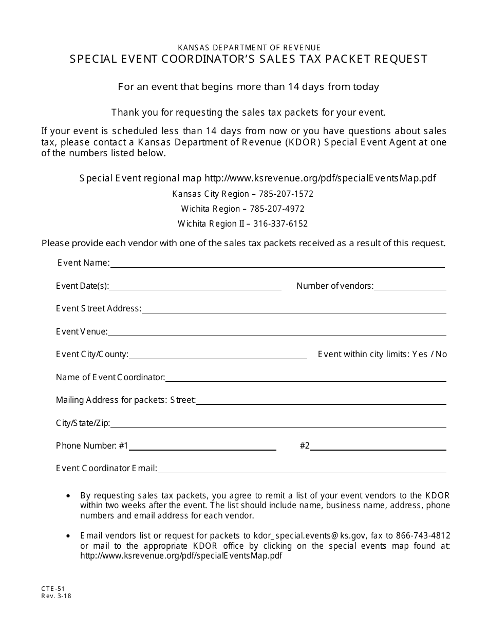 Form CTE-51 Special Event Coordinators Sales Tax Packet Request - Kansas, Page 1
