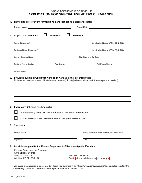 Form CM-22 Application for Special Event Tax Clearance - Kansas
